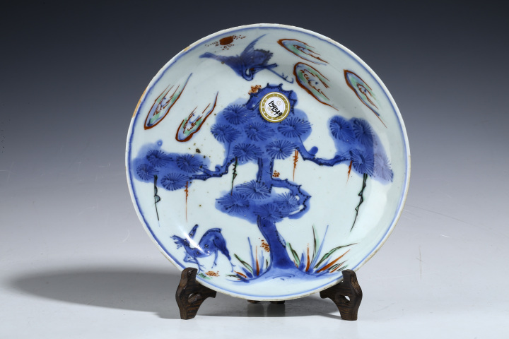 古玩陶瓷明晚青花五彩松鶴延年賞盤拍賣，當前價格18888元