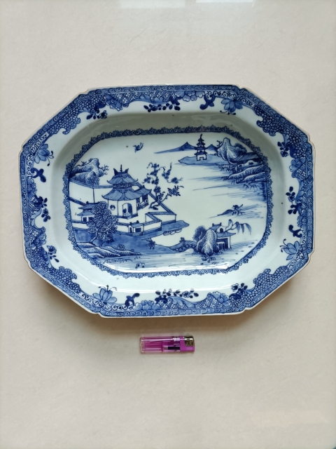 古玩陶瓷青花亭臺樓閣山水紋方盤拍賣,當前價格3200元