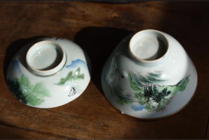 古玩陶瓷清末民初淺絳彩山水紋蓋杯拍賣，當前價格1380元