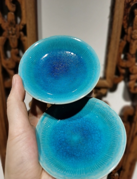 古玩陶瓷孔雀藍釉雙盤拍賣,當前價格2000元