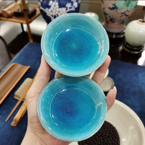古玩陶瓷孔雀藍釉雙盤拍賣,當前價格2000元