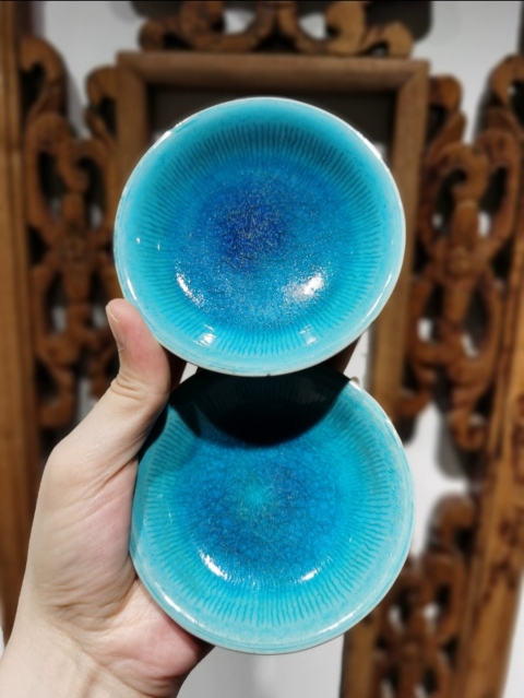 古玩陶瓷孔雀藍釉雙盤拍賣,當前價格2000元