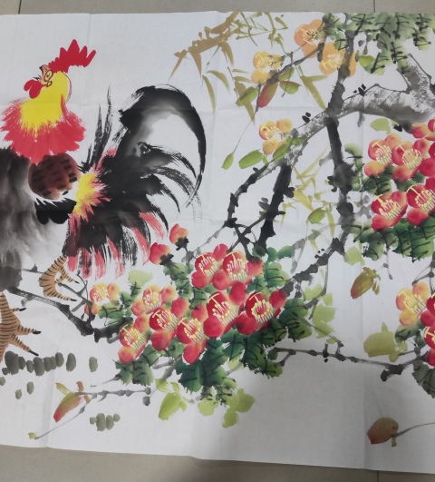 古玩字畫中美協會員名家曹珊珊 金雞鳴春帶合影拍賣，當前價格228元