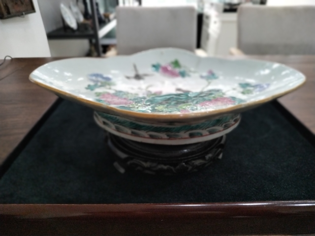 古玩陶瓷粉彩花鳥福壽紋供盤拍賣,當前價格1300元