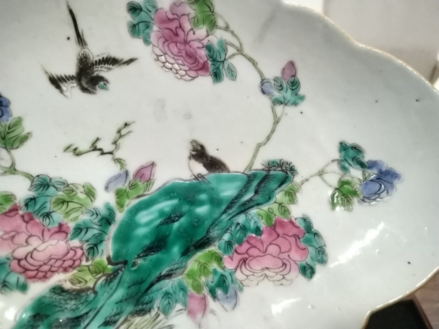 古玩陶瓷粉彩花鳥福壽紋供盤拍賣,當前價格1300元