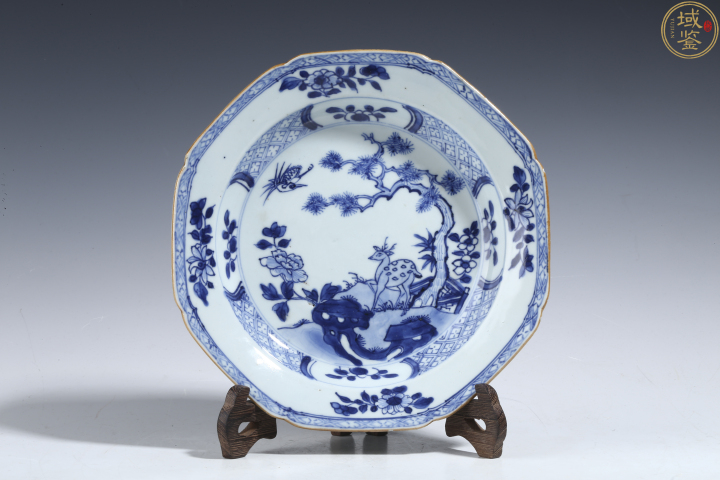 古玩陶瓷清康熙?青花鹿鶴同春圖八方盤(帶保真卡)拍賣,當(dāng)前價格1500元