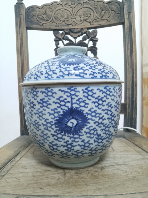 古玩陶瓷清三代青花鳳眼蓋缸拍賣，當前價格2000元