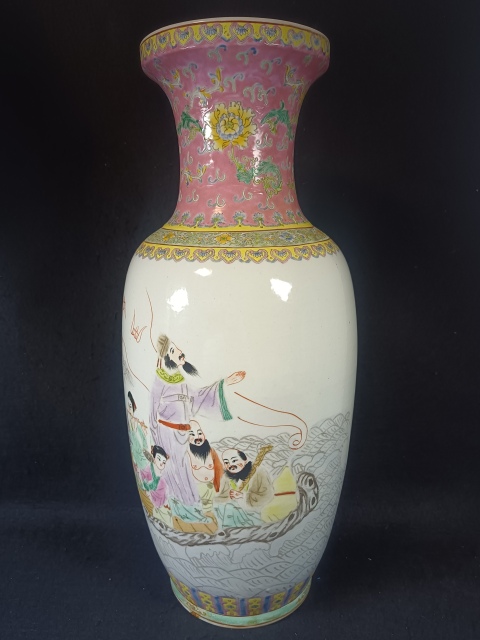 域鉴古玩】（全品）建国初期567八仙人物粉彩盘口大赏瓶（高60cm