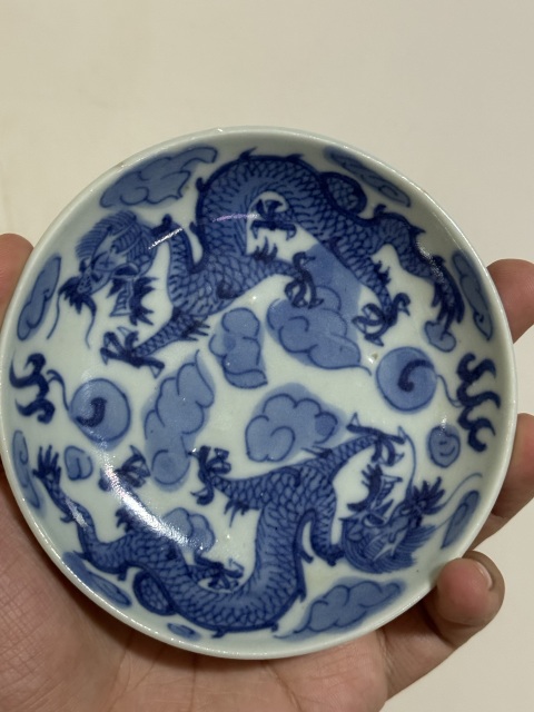 古玩陶瓷大清嘉慶年製本朝官窯款雙龍趕珠紋青花盤拍賣,當前價格1280元