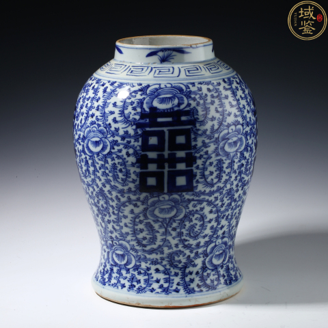 清康煕藍地青花纏枝喜字氷梅紋将軍缶 景徳鎮 陶磁器 装飾品 工芸