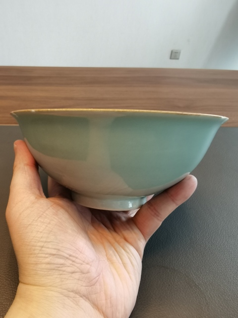 古玩陶瓷大清乾隆年製官窯本朝款豆青釉茶碗拍賣，當前價格850元