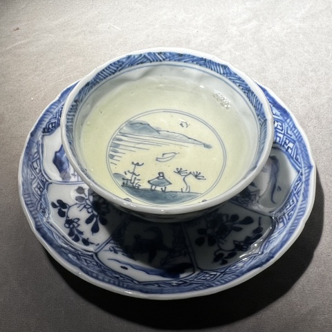 古玩陶瓷清康雍 青花蘆雁人物山水茶杯碟 一套拍賣，當前價格1350元