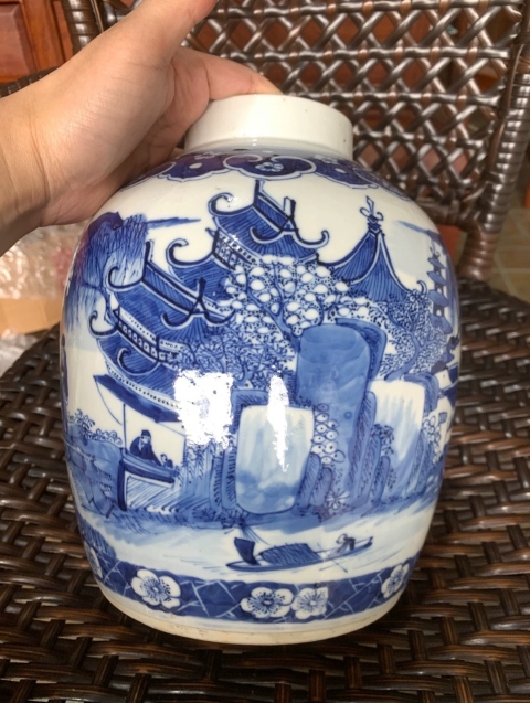 古玩陶瓷精品民窯-清晚期青花山水人物亭臺(tái)樓閣大罐拍賣(mài),當(dāng)前價(jià)格5300元