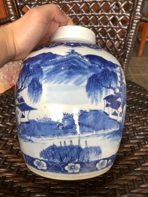 古玩陶瓷精品民窯-清晚期青花山水人物亭臺(tái)樓閣大罐拍賣(mài),當(dāng)前價(jià)格5300元