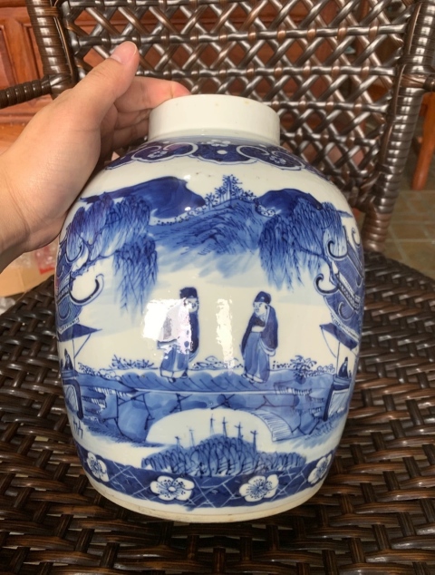 古玩陶瓷精品民窯-清晚期青花山水人物亭臺(tái)樓閣大罐拍賣(mài),當(dāng)前價(jià)格5300元