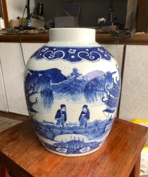 古玩陶瓷精品民窯-清晚期青花山水人物亭臺(tái)樓閣大罐拍賣(mài),當(dāng)前價(jià)格5300元