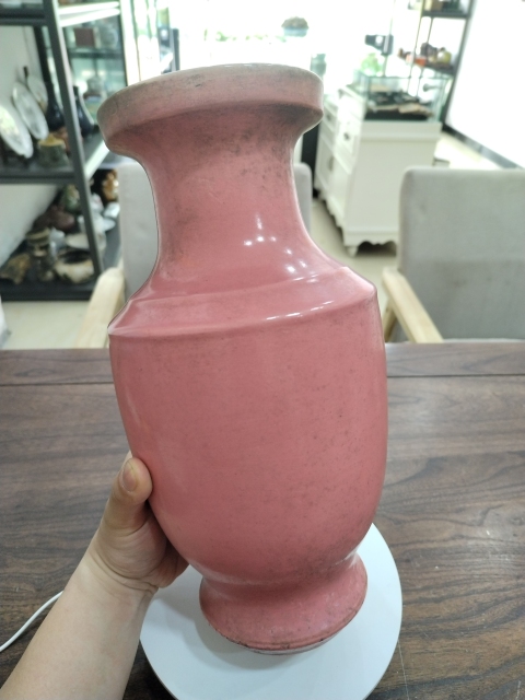 古玩陶瓷民國胭脂紅釉盤口瓶拍賣，當前價格1200元