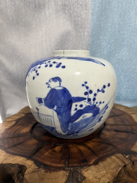 古玩陶瓷晚清青花攜琴訪友茶葉罐拍賣,當前價格699元