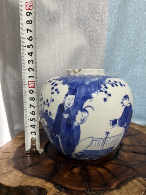 古玩陶瓷晚清青花攜琴訪友茶葉罐拍賣,當前價格699元