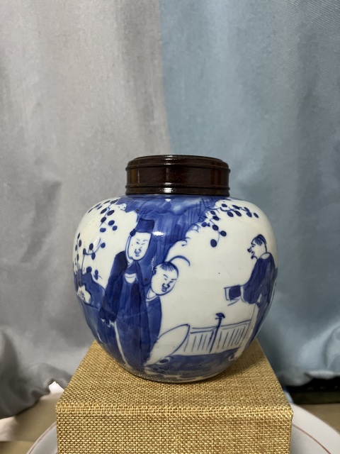 古玩陶瓷晚清青花攜琴訪友茶葉罐拍賣,當前價格699元