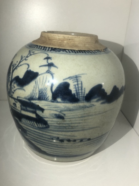 古玩陶瓷清雍乾青花山水人物紋蓋罐拍賣，當前價格380元