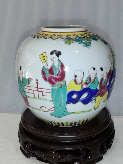 古玩陶瓷粉彩教子圖人物紋罐拍賣,當前價格780元