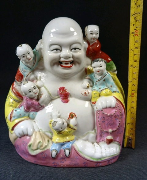 域鉴古玩】（全美品）建国初期567景德镇窑口大号弥勒佛五子登科