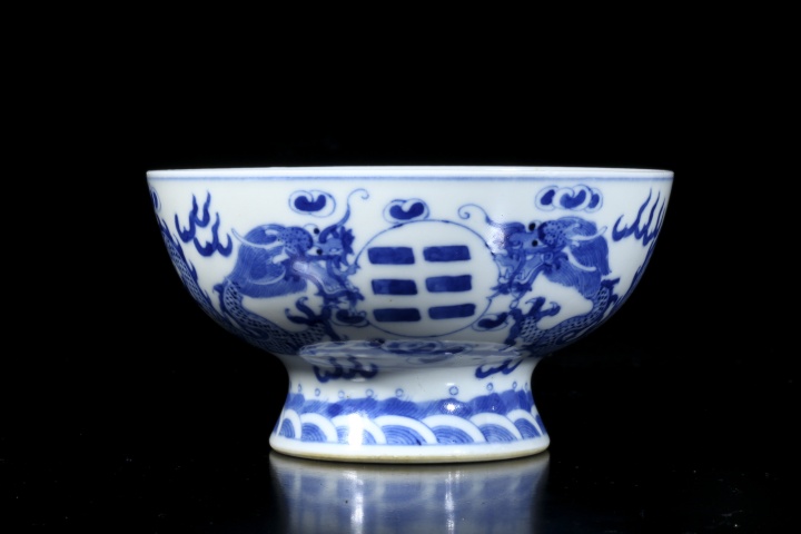 古玩陶瓷清晚·青花云龍八卦紋高足碗拍賣，當前價格7500元