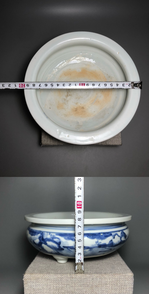 古玩陶瓷清康熙,青花山水人物紋三足爐拍賣,當前價格5000元