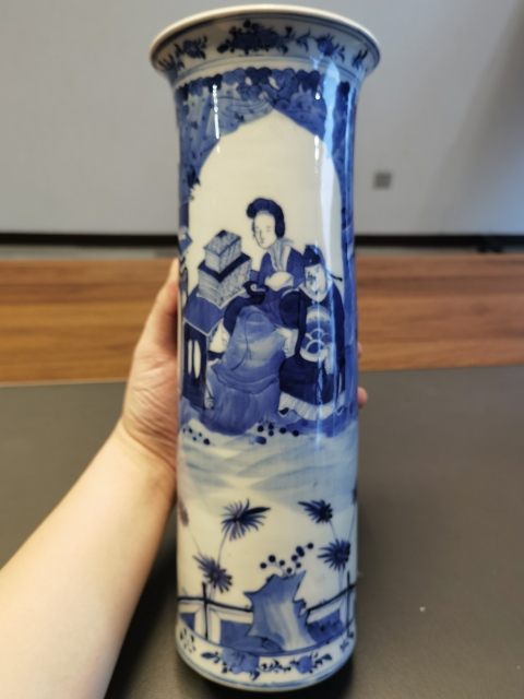 古玩陶瓷35厘米超細路青花人物故事紋箭筒拍賣，當前價格9800元