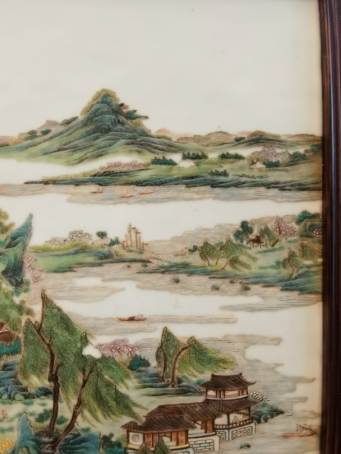 古玩陶瓷超級細路粉彩人物山水樓閣紋大瓷板拍賣，當前價格19800元