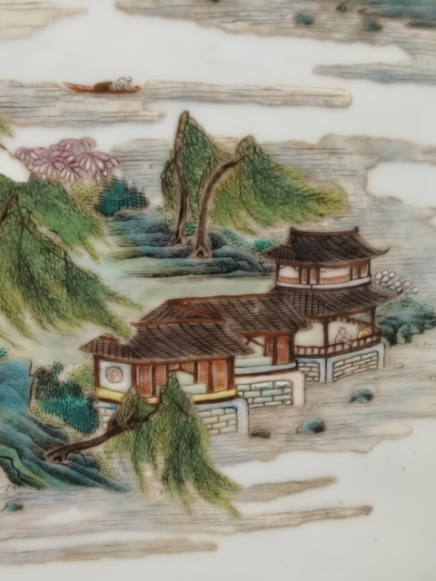 古玩陶瓷超級細路粉彩人物山水樓閣紋大瓷板拍賣，當前價格19800元