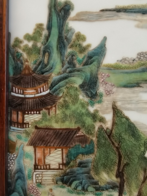 古玩陶瓷超級細路粉彩人物山水樓閣紋大瓷板拍賣，當前價格19800元