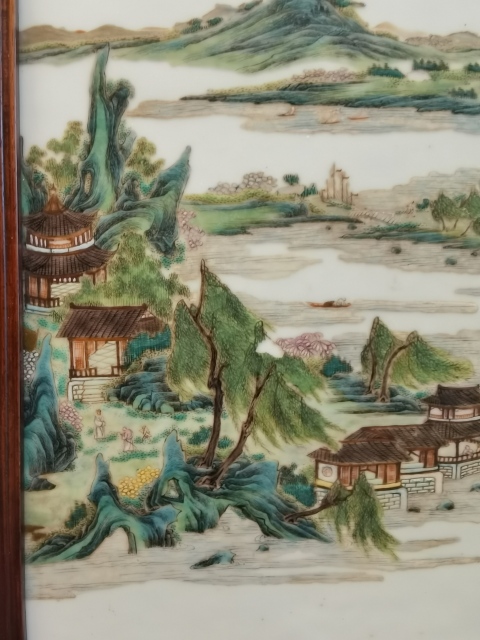 古玩陶瓷超級細路粉彩人物山水樓閣紋大瓷板拍賣，當前價格19800元