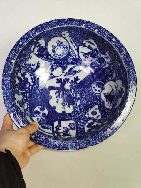 古玩陶瓷清代青花人物花鳥紋盆拍賣，當前價格300元