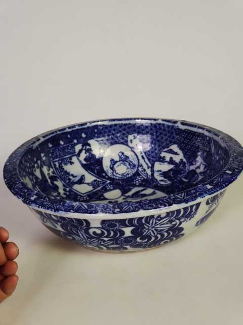 古玩陶瓷清代青花人物花鳥紋盆拍賣，當前價格300元