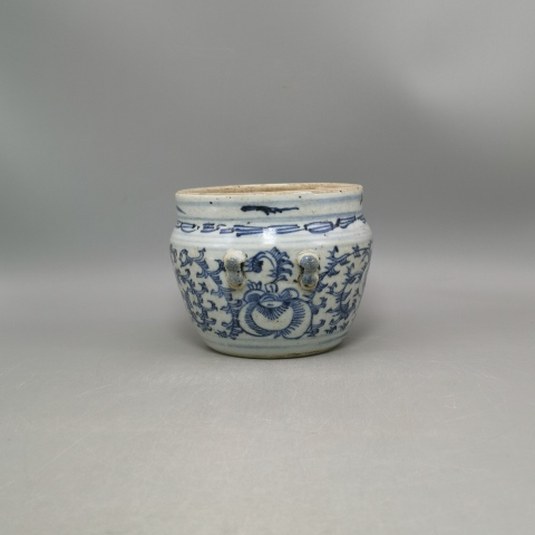 古玩陶瓷清代景德鎮(zhèn)窯口青花四系粥罐拍賣，當(dāng)前價格1980元