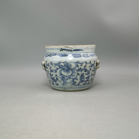 古玩陶瓷清代景德鎮(zhèn)窯口青花四系粥罐拍賣，當(dāng)前價格1980元