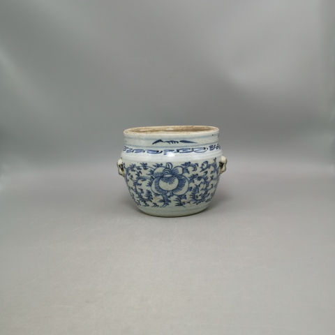 古玩陶瓷清代景德鎮(zhèn)窯口青花四系粥罐拍賣，當(dāng)前價格1980元