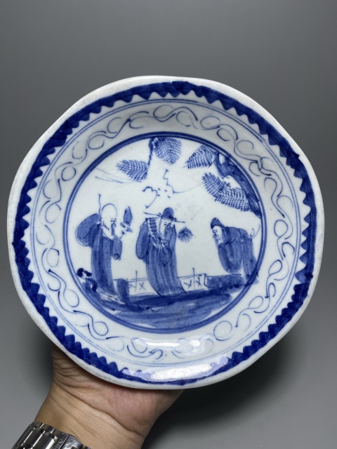 古玩陶瓷清末民初·青花福祿壽三星人物紋花口盤(pán)真品鑒賞圖