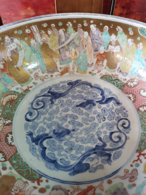 古玩陶瓷【精品】晚清民國青花加彩人物花卉盆拍賣，當前價格1816元
