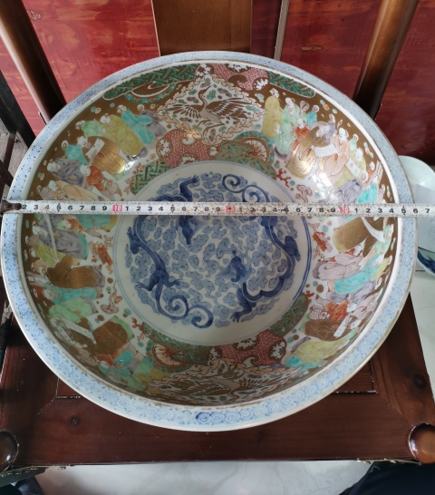 古玩陶瓷【精品】晚清民國青花加彩人物花卉盆拍賣，當前價格1816元