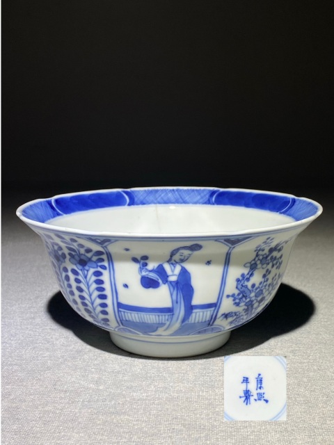 古玩陶瓷青花仕女人物開窗花卉紋碗拍賣,當前價格0元