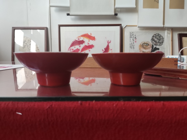 古玩陶瓷創匯期**紅釉高足供碗一對拍賣,當前價格188元