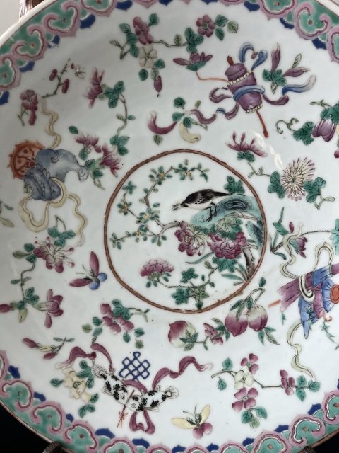 古玩陶瓷粉彩花卉開窗花鳥紋大盤拍賣，當前價格9800元