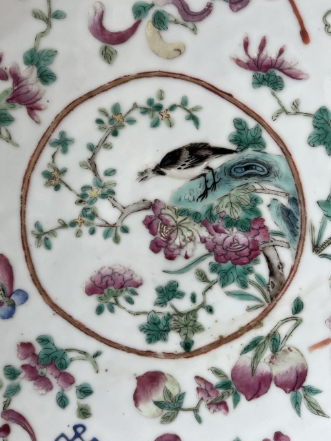 古玩陶瓷粉彩花卉開窗花鳥紋大盤拍賣，當前價格9800元