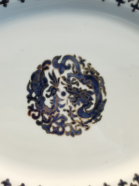古玩陶瓷35厘米龍鳳藍釉描金紋大盤拍賣，當前價格1500元