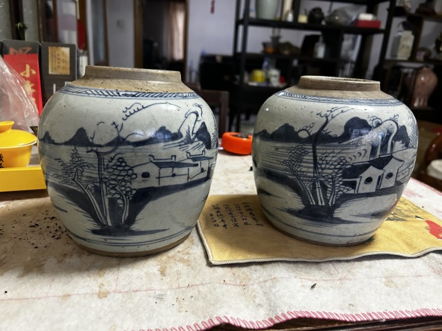 古玩陶瓷清乾隆青花山水紋罐拍賣，當前價格999元