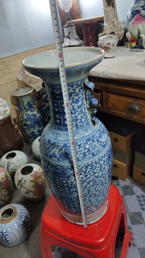 中国 青花 喜字文雙耳瓶 高さ約42.5㎝ V R7762B