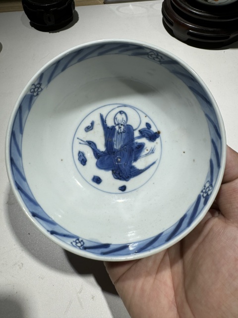 古玩陶瓷晚明青花南極仙翁圖壽字墩式碗拍賣，當前價格12000元